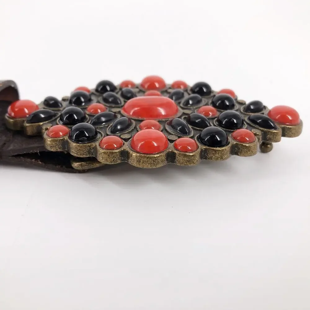 90s braided leather belt with multi stone buckle 1990s vintage